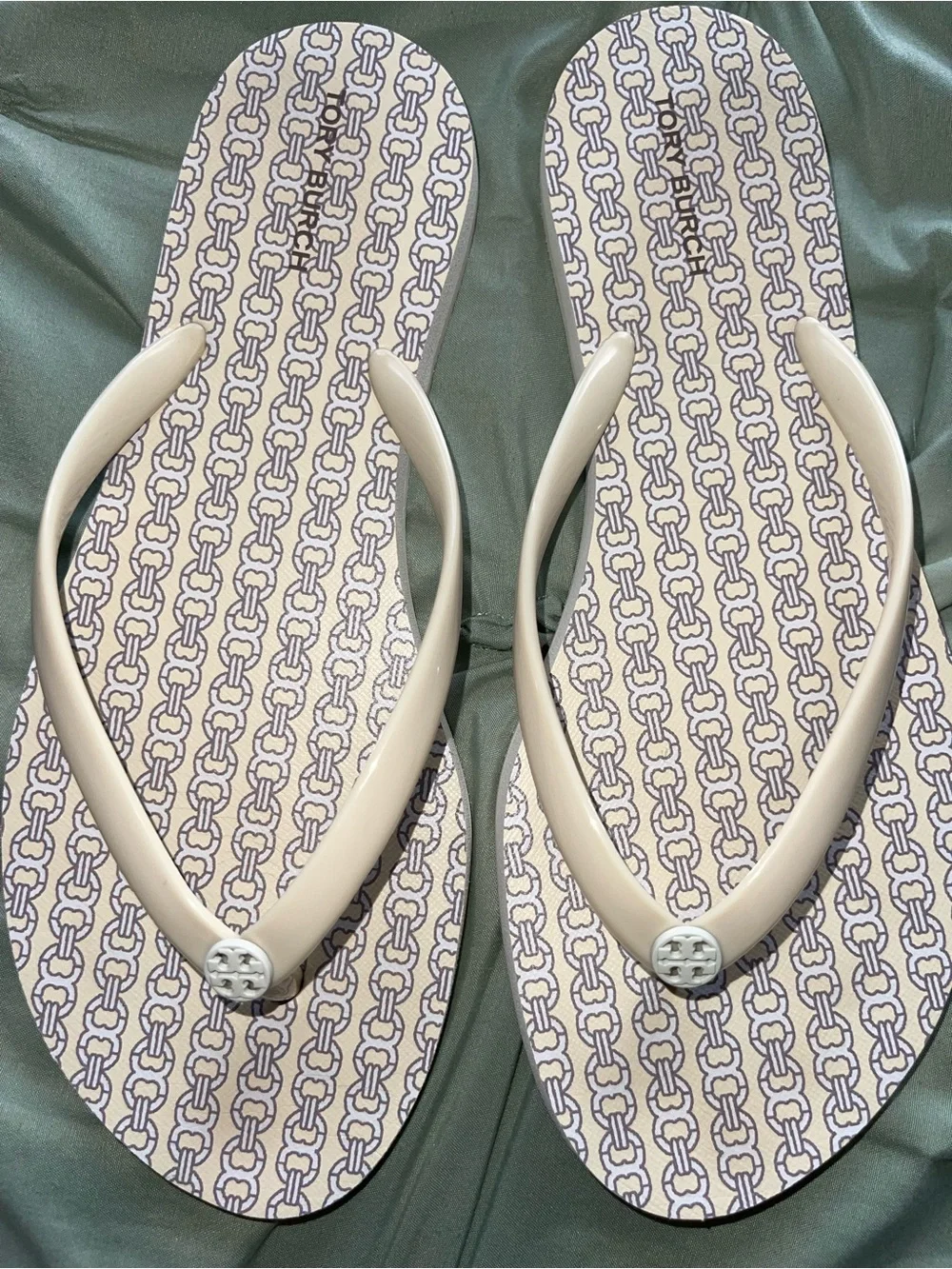 Tory Burch Cream Logo Patterned Flip Flop Sandals